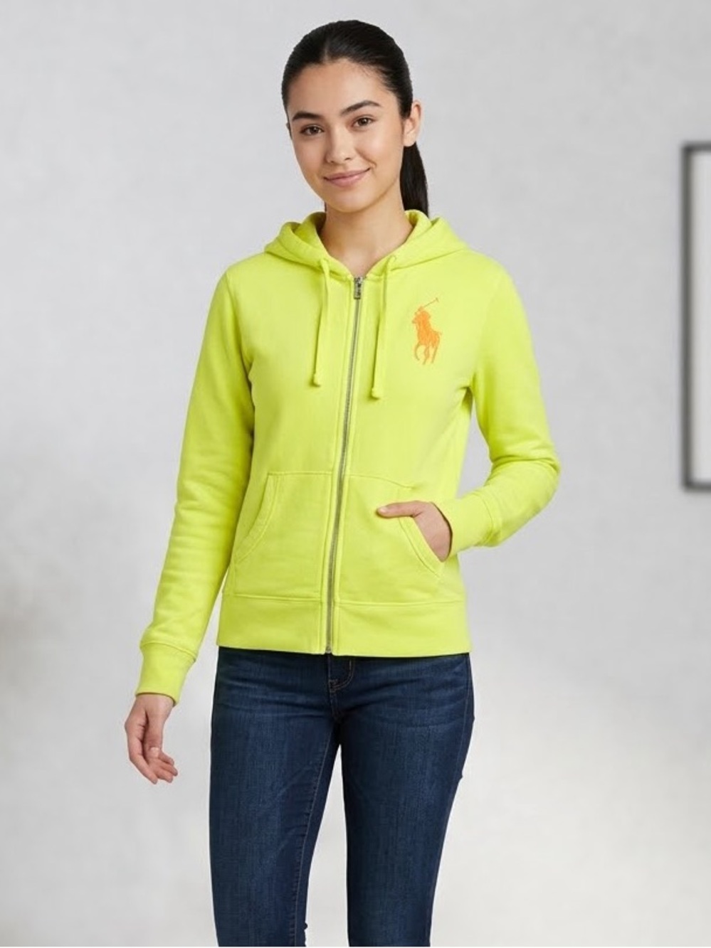 Ralph Lauren Full Zip Hoodie Y2K Athleisure Neon Yellow Orange Big Pony XS